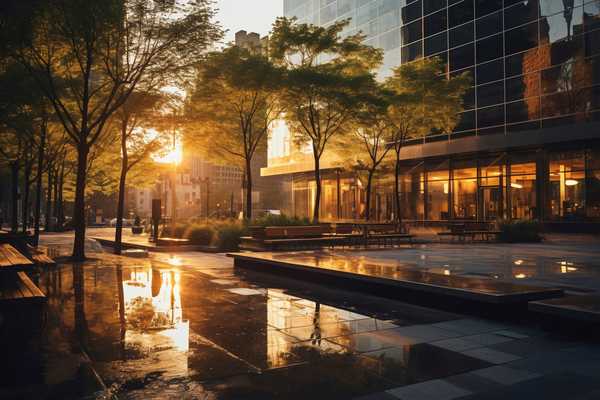 Peisaj urban luminos și calm, potrivit pentru o plimbare relaxată în tonuri albe și naturale